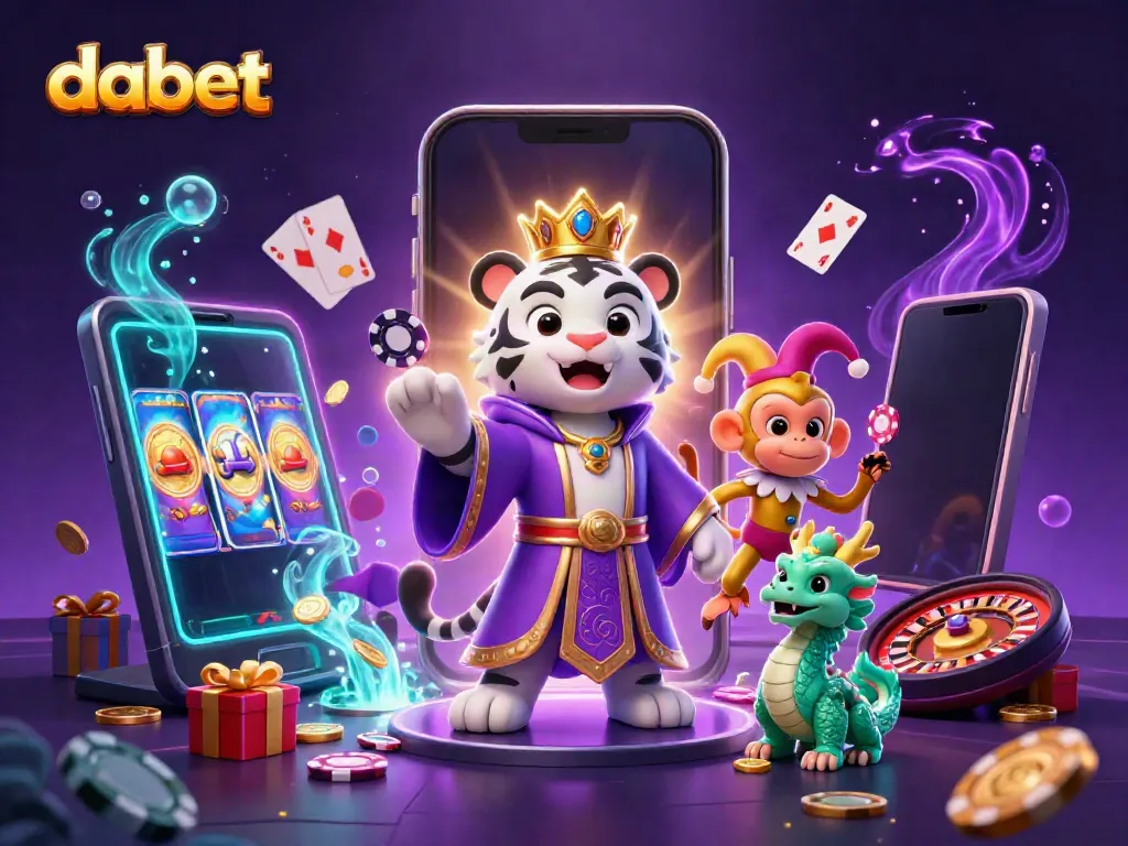 DABET offers vibrant gameplay featuring a 3D white tiger and monkey amidst colorful casino elements.