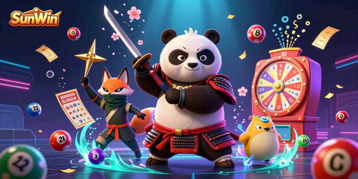 Experience the thrill of SunWin with this vibrant gaming scene featuring a samurai panda and ninja fox.