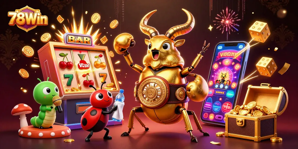 Engage in exciting gaming action with 78Win's vibrant casino scene featuring a golden stag beetle and jackpot elements.