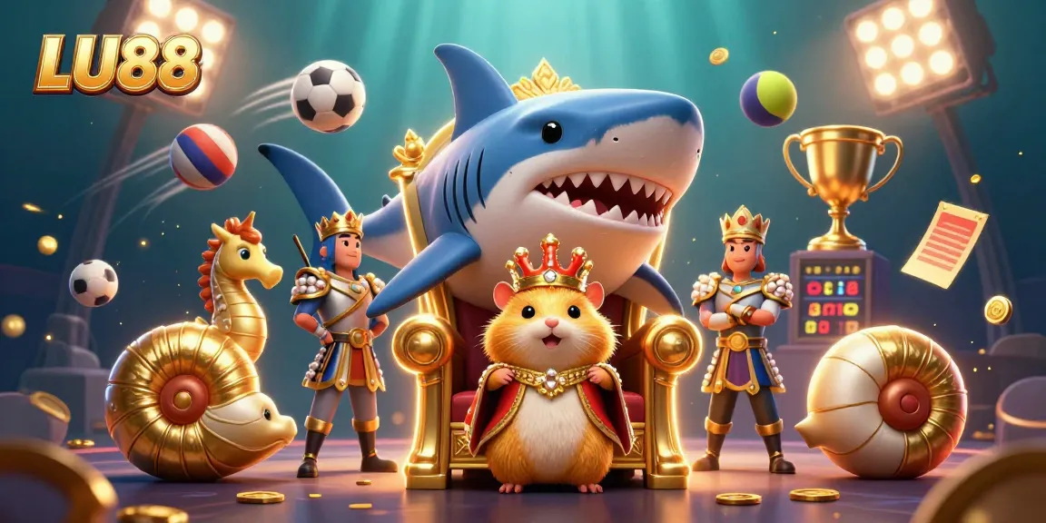 Engage in thrilling gameplay at LU88, featuring vibrant casino elements with a unique golden hamster king.